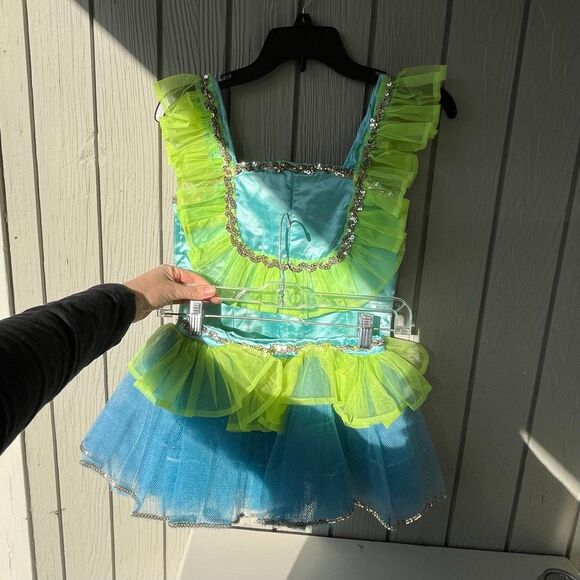 VTG Handmade 2-Piece Dance Costume Blue Lime Tulle Set SZ Child M (Est.) - Picture 7 of 14